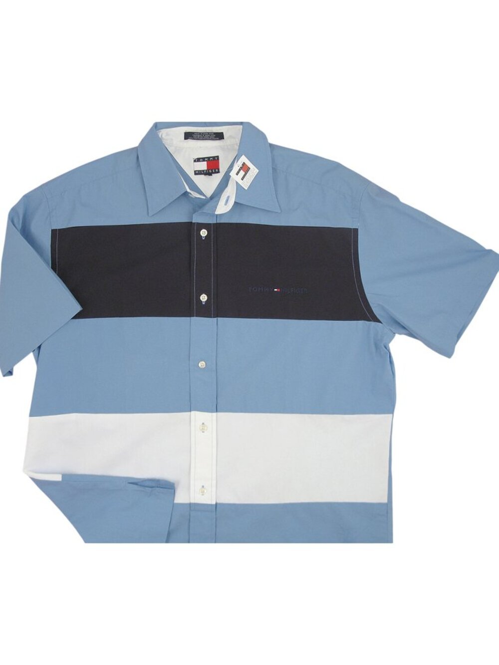 NEW Vintage Tommy Hilfiger Camp Shirt! Blue Navy & White Color Block RUN BIG